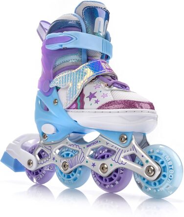 Дитячі ролики-інлайнери LED з регулюванням, фіолетовий, русалка. Зручні ролики для перших спроб катання, з підсвічуванням та змінним розміром.