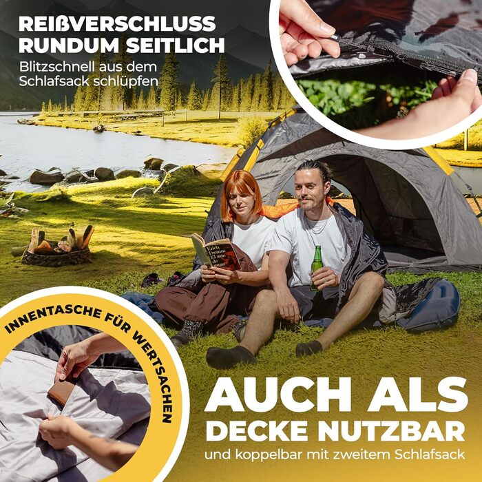 Спальний мішок ACTIVE SPARK Winter - Summer, водовідштовхуючий та дихаючий, з кишенею для грілки, для кемпінгу та гірських походів (Чорний / Оранжевий)