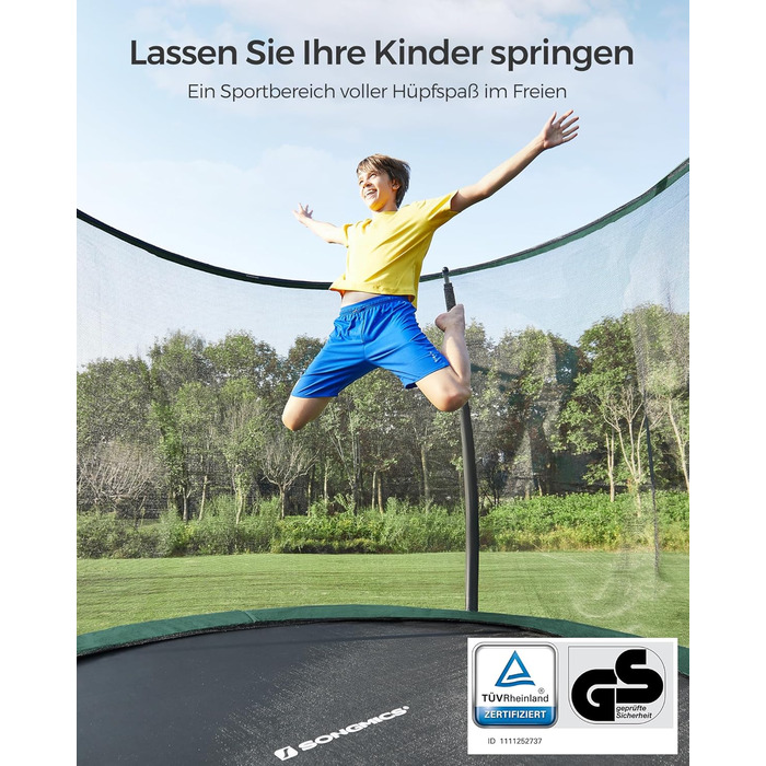 Батут SONGMICS Outdoor Ø 244/305/366/427 см, круглий, для саду, з сіткою безпеки, захисним бордюром, сходами та м'якими стійками, 366 см, чорний + темно-зелений