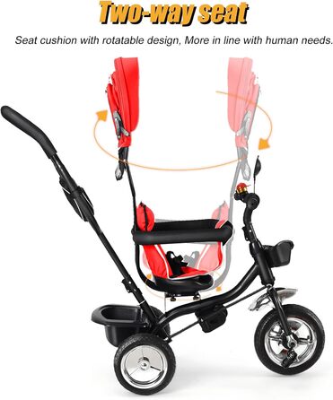 Триколісний велосипед 4 в 1 для дітей від 1 року з батьківською ручкою – дитячий триколіс для 1-4 роки до 25 кг, регульована батьківська ручка, поворотне сидіння, складаний козирок та кошик – компактний та безпечний (Червоний)