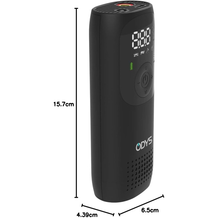 ODYS FlexPump акумуляторний портативний електричний компресор-насос для авто, мотоцикла, велосипеда, самоката, м'ячів (0-10 Бар, 0-150 PSI, 2000 мАг, зарядка USB-C, цифровий дисплей, LED-підсвітка)