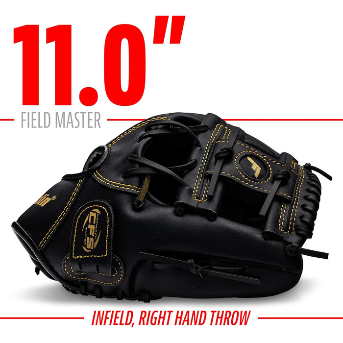 Рукавиця для бейсболу та софтболу Franklin Sports Field Master, права рука, 28 см (11 дюймів), чорно-золота