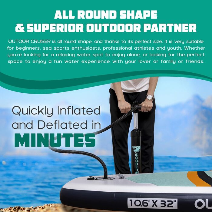 SUP дошка надувна OutdoorCrusier Ultra-Portable, блакитна (Karibik), з повним комплектом аксесуарів, міцна, нековзка, для початківців та досвідчених райдерів