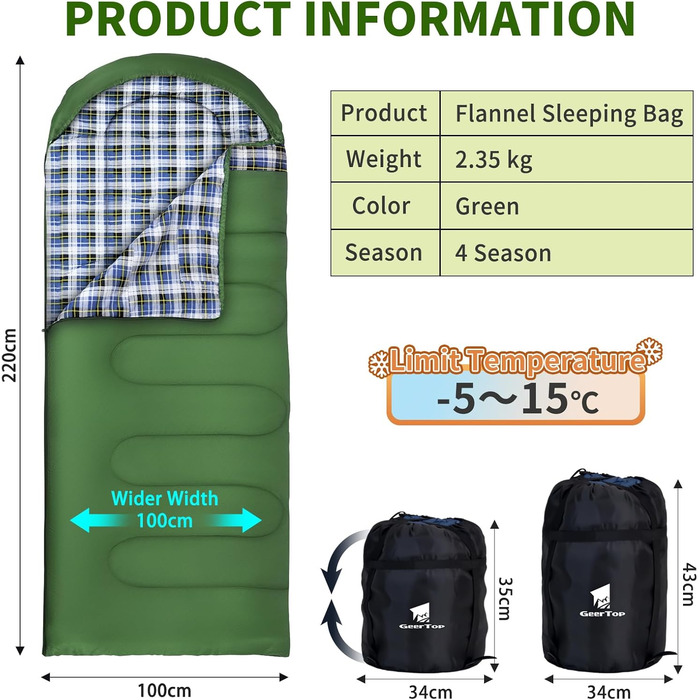 Спальний мішок GEERTOP XXL для всіх сезонів, 220x100 см, фланель, для дорослих, кемпінг, подорожі, піші прогулянки (зелений)