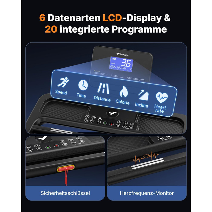Біговий тренажер MERACH для дому з нахилом 18%, автоматична зміна нахилу, 1-14 км/год, складаний, потужність 3.5HP, розмір 46*120 см, 12 програм, чорний