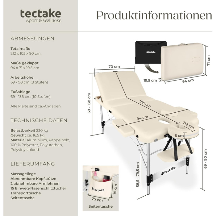 Масажний стіл Tectake® 3 зони, складаний, з регулюванням висоти, алюмінієвий, з аксесуарами (підголовник, підлокітники, сумка) - бежевий