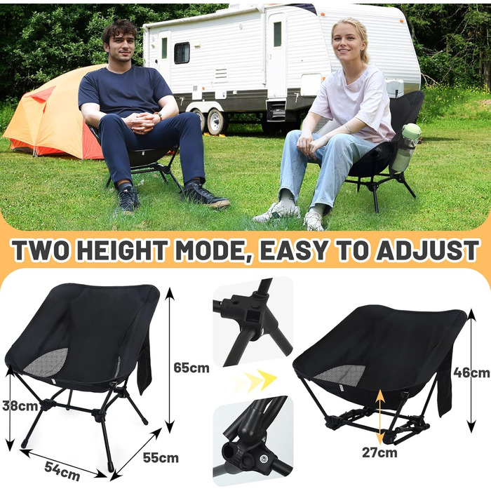 Складний туристичний стільчик для кемпінгу, Ultraleicht, регульована висота, з кишенями, компактний, для пікніків, риболовлі, саду, походів, спорту, відпочинку на природі, чорний