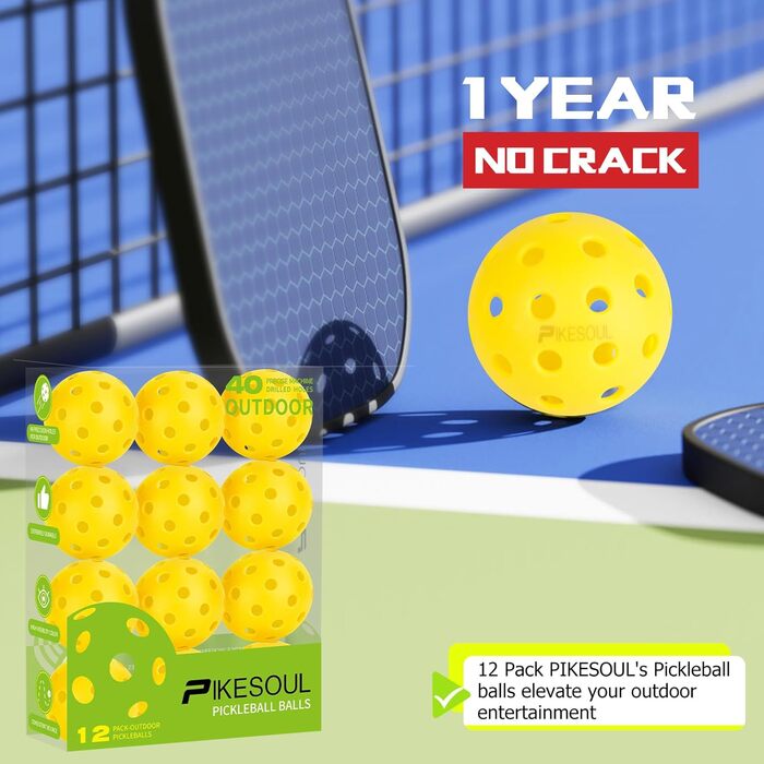 PIKESOUL М'яч для піклболу з 40 отворами, зелений, для вулиці, високий відскок, підвищена видимість, довговічний, 4 або 12 шт., для всіх рівнів гри та ракеток