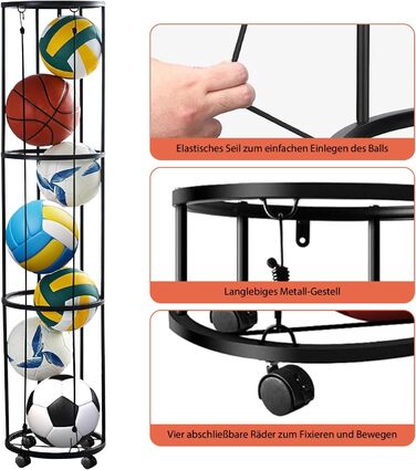 Стійка для м'ячів з колесами, настінна, 3-ярусна: для баскетболу, футболу, волейболу
