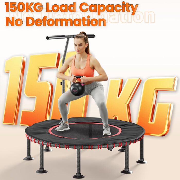 Трамплін для фітнесу LIFERUN Indoor з бортиком | До 150 кг | 3 регульовані ручки | Без монтажу | 102/122 см | Для дітей та дорослих | Гнучкі пружини | Для дому