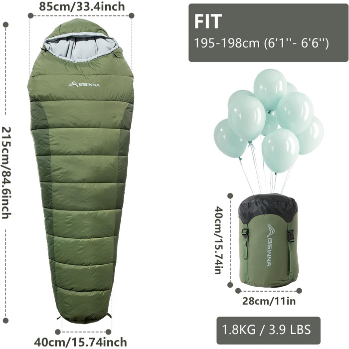 Спальний мішок BISINNA Mumienschlafsack -10°C - 5°C [400GSM] для туризму, кемпінгу та подорожей, зелений