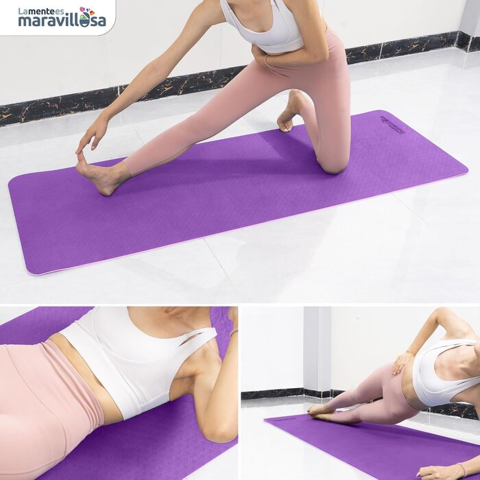 Килимок для гімнастики та йоги LA MENTE ES MARAVILLOSA: протиковзкий, TPE, 183x61 см, з сумкою та інструкцією, для фітнесу, пілатесу, indoor/outdoor, фіолетовий/рожевий