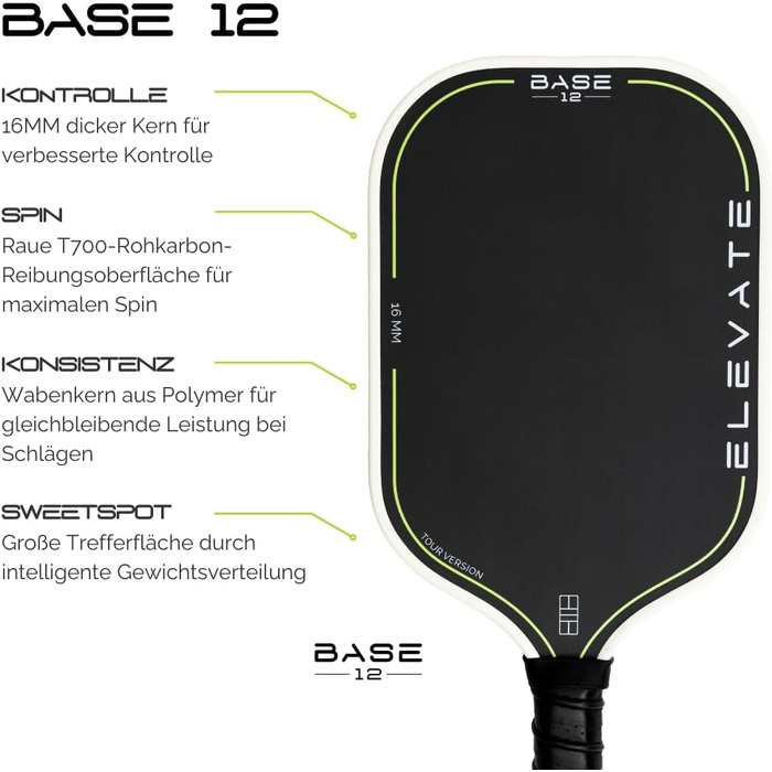 BASE12 Піклбол Шляк Карбон – Преміум Ракетка 16 мм, Шорстка Поверхня для Контролю та Обертання – Ідеально для Початківців та Професіоналів