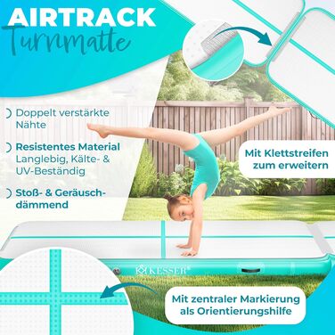 Надувна гімнастична мата KESSER® Airtrack: 2м/3м/4м/5м/6м. Мата для фітнесу, йоги, акробатики. В комплекті сумка та електронасос. Розмір: 300 x 100 x 10 см. Колір: м'ятно-зелений