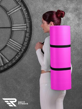 Килимок для гімнастики та йоги REFIT FITNESS Profi 190 x 60 см з PainProtect & SmartCell NBR, 10-15 мм. Нековзкий, для пілатесу, фітнесу, гімнастики. У комплекті: сумка, ремінь. Колір: фуксія