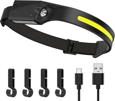 LED налобний ліхтар з акумулятором, 350 люмен, 4 режими, USB-C, сенсор, для бігу, риболовлі, ремонту та активного відпочинку