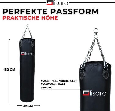 Боксерський мішок Lisaro Profi 150 x 35 см, наповнений, для боксу, кікбоксингу та MMA, штучна шкіра (вініл), з 4-точковим сталевим ланцюгом, чорний