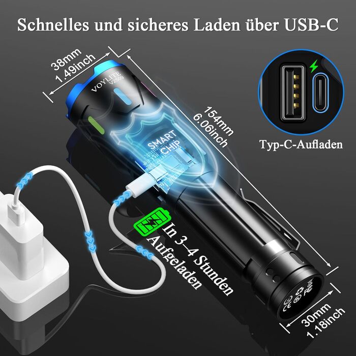 Ліхтар налобний LED перезарядна Voylite 500000 Люмен, 5000 mAh, LCD-дисплей, 3 режими, Zoom, для кемпінгу та відпочинку на природі, матовий чорний