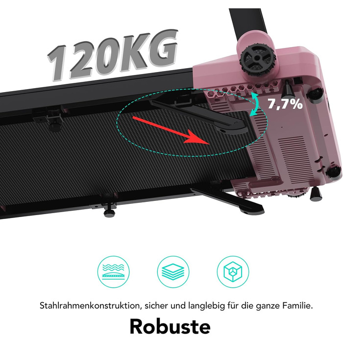 CITYSPORTS Електричний біговий тренажер, складаний, до 12 км/год, LED-дисплей, APP, тримач для планшета 360°, рожевий