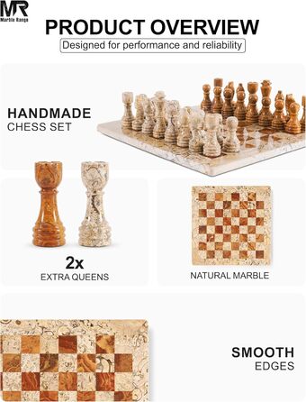 Шаховий набір з мармуру для дорослих, ручної роботи, 32 фігури, 2 додаткові королеви, коробка для зберігання, розкішна подорожна гра, елегантний подарунок для дому (кораловий & темно-коричневий)