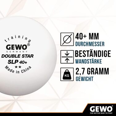 GEWO Double Star SLP тенісні м’ячі для настільного тенісу 2 зірки, пластикові 40+ мм, безшовні, професійні тренувальні, 72 шт., білі