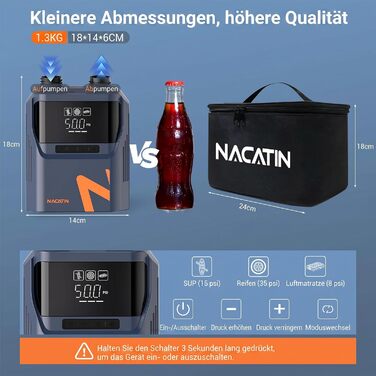 Електричний насос для SUP-дошки NACATIN 50PSI: акумуляторний компресор 5200mAh та 12V для падлбордів, човнів та автомобільних шин, 6 насадок
