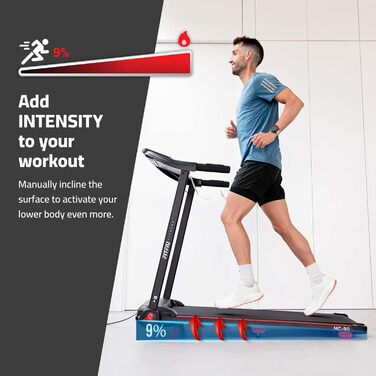 Біговий тренажер FITFIU MC-90 з мотором 2.0 HP, регулюванням швидкості до 14 км/год та нахилом 9%, з підключенням до Kinomap, Zwift та Fitime, динаміком та тримачем для планшета