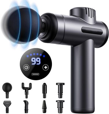 Масажер для м'язів Bizcasa з 99 швидкостями, 8 насадок, LCD-дисплеєм та USB-C зарядкою (сірий)