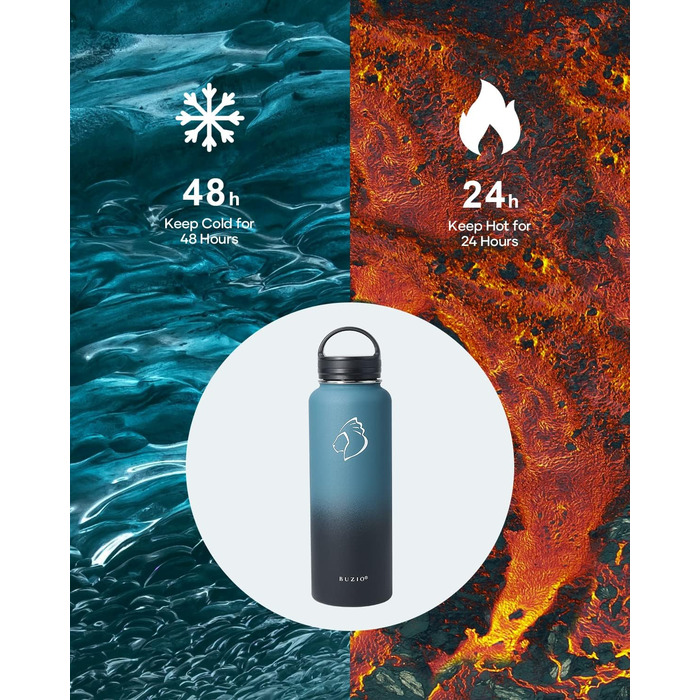 Термос-пляшка Buzio з нержавіючої сталі 1180 мл з трубочкою, ізольована, для спорту, витік захищений, Indigo Black