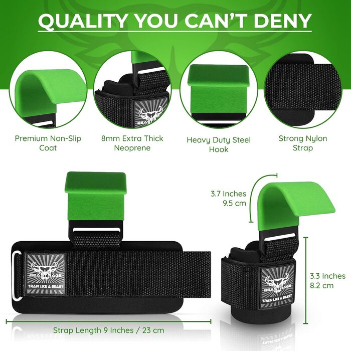 Набори для важкої атлетики BEAST RAGE: вантажні гачки, ремені для зап'ястя, неопренові, з гумовим покриттям, фітнес-бандажі, протиковзкі, для підйому штанги, тренувань, фітнес-клубу, чоловічі та жіночі (зелені)