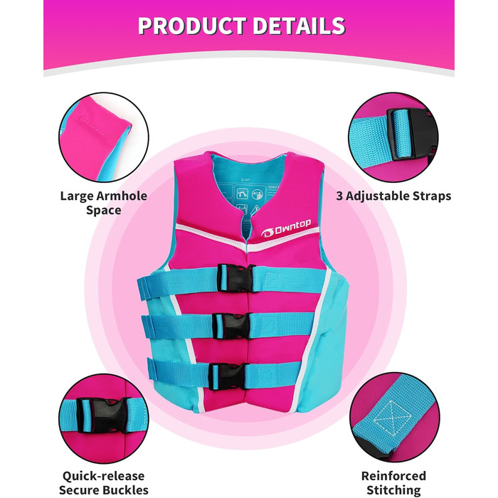 Owntop Плавальна жилетка для дітей та підлітків, регульована, з трьохточковим ременем безпеки, легка, для каякінгу, плавання, риболовлі, снорклінгу (Рожева, M)