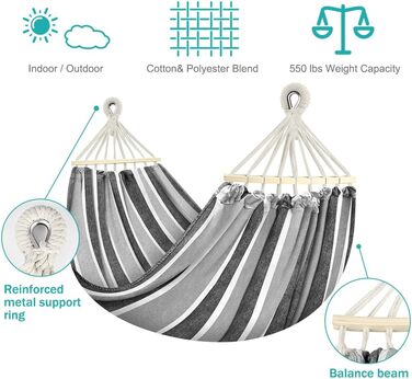 Гамак для відпочинку на відкритому повітрі: кемпінгу, балкону, тераси, саду. З дерев'яною перекладиною та сумкою для перенесення (сірий & білий)