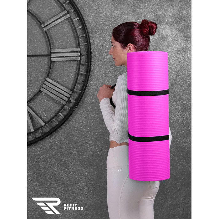 Килимок для гімнастики та йоги REFIT FITNESS Profi 190 x 60 см з PainProtect & SmartCell NBR, 10-15 мм. Нековзкий, для пілатесу, фітнесу, гімнастики. У комплекті: сумка, ремінь. Колір: фуксія