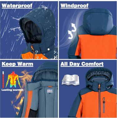 SNOWER Дитячий зимовий комбінезон для хлопчика з капюшоном, теплий гірськолижний костюм, кольоровий зелений (6-7 років, помаранчевий)