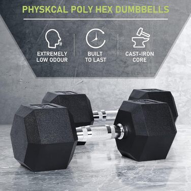 Гантелі PhysKcal Hexagon 2 x 5 кг, поліуретанове покриття, нековзкі, ергономічні хромовані ручки, набір коротких гантелей для фітнесу