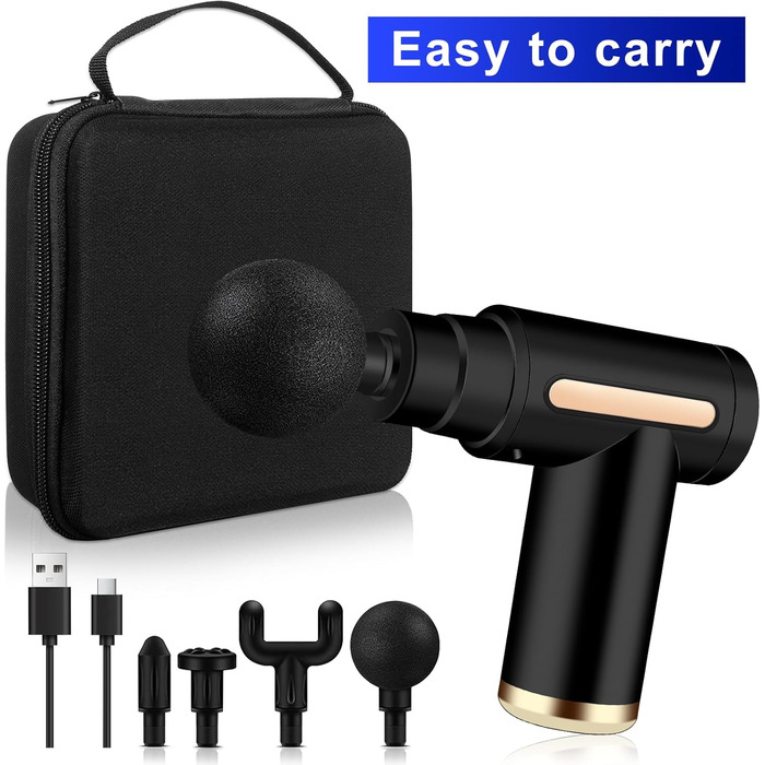 Міні масажер для м'язів AQXONG: портативний електричний масажний пістолет з LCD дисплеєм, тиха робота 45dB, 6 швидкостей, 4 насадки, акумуляторний (чорний)