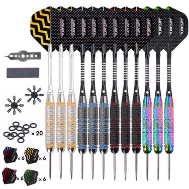 Дарти сталеві Turnart Dartpfeile, 12 шт, 24 г, професійні, з алюмінієвими дротиками та 24 пір'ями, кольорові, з гумовими кільцями