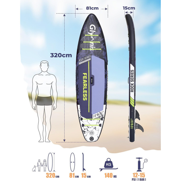 Надувний SUP Борд Glymnis 10'6' для Станд Ап Паддлінг (SUP) 320x81x15см з Алюмінієвим Веслом, Насосом та Аксесуарами