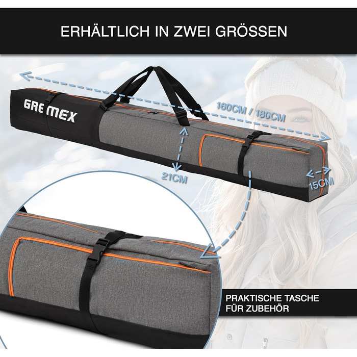 Чохол для лиж GREMEX Skitasche: водонепроникний, міцний, ергономічний, для 1 пари лиж, 160 см, аксесуар для лиж, блакитний + жовтий
