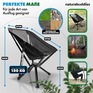 Крісло для кемпінгу Nature Buddies® Faltbar: Легке, компактне, розкладне, до 150 кг | Стільці для риболовлі, відпочинку на природі, фестивалів, туризму | Чорний