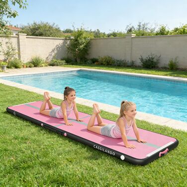 Гимнастичний надувний мат Airtrack CASSILANDO для тамблінгу та йоги, матовий, 400 x 100 x 10 см (Рожевий/Чорний) з насосом