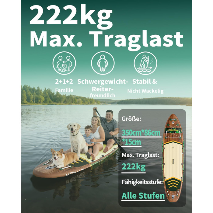 SUP дошка COOLCAA 355 см (Extra Large) надувна, з веслом та аксесуарами, для дорослих до 222 кг, Jungle Echo