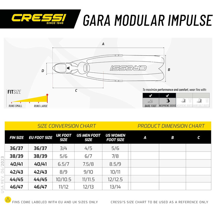 Ласти Cressi Gara Modular Impulse для фрідайвінгу з змінними лопатями, Італія, чорні