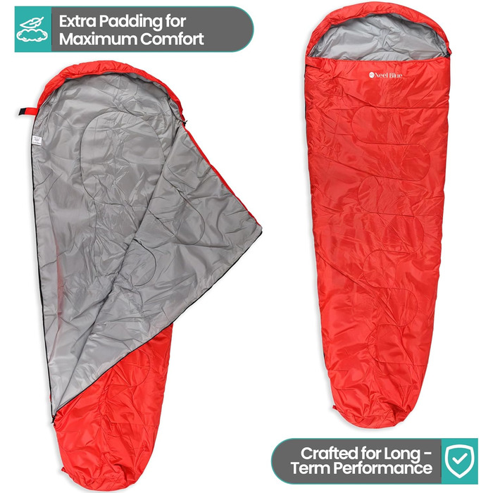 Спальний мішок Mumienschlafsack для дорослих - легкий, компактний, водонепроникний з капюшоном, 220x85 см, для кемпінгу, походів, подорожей (червоний)