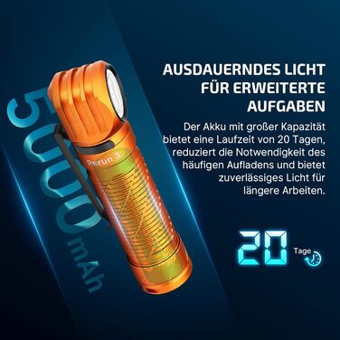 OLIGHT Perun 3 - ліхтар налобний LED перезарядна, 3000 люмен, 7 режимів, сенсор, червоне світло, IP68, для кемпінгу, риболовлі, полювання, оранжевий