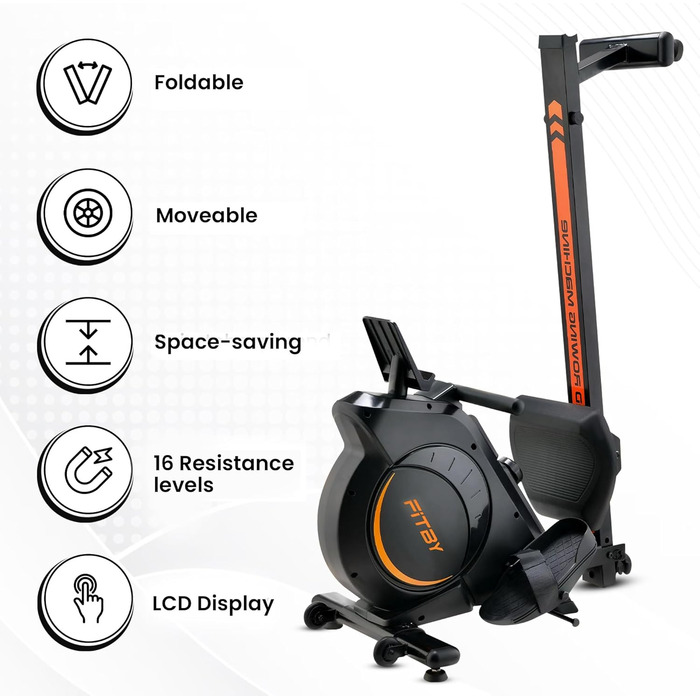 Гребний тренажер Fitby для дому - складаний, з магнітним опором, 16 рівнів навантаження, LCD-дисплей, до 150 кг, чорний