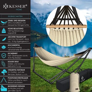Гамак KESSER® з металевим каркасом: розкладний, регульований, стабільний. Для дому та вулиці (кемпінг, сад, басейн, балкон, тераса). У комплекті сумка. Колір: бежевий.