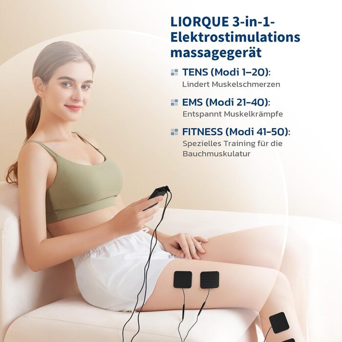 LIORQUE TENS апарат для електростимуляції м'язів: 2 канали, 15 режимів, 10 електродів для спини, плечей, ніг, рук (Чорний)