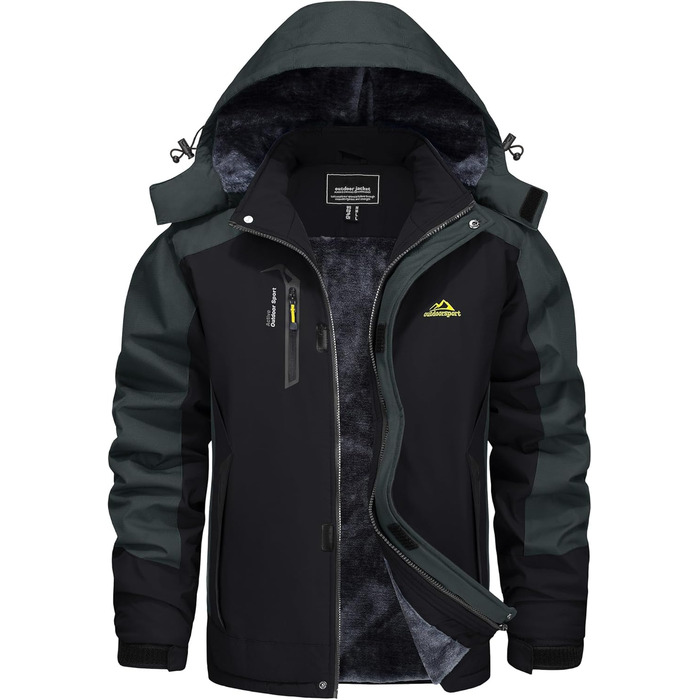 Зимова куртка KEFITEVD для чоловіків: водонепроникна, тепла, з відстібаною капюшоном, флісова куртка Softshell, чорно-сірий (S)