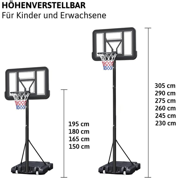 Баскетбольне кільце з регульованою висотою 1.5-3.05м Dönges - Комплект з м'ячем та насосом - Вуличне/Приміщення - Міцна, стійка до погодних умов - Для дітей та дорослих